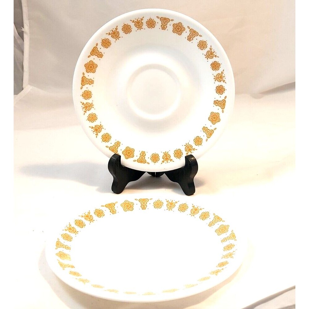Pyrex Corelle Butterfly Gold set of 2 saucers milk glass vintage